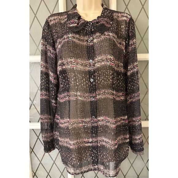 CAbi Paris Sheer Blouse #3249 Size Small Black Pink Button Down Long Sleeve Top - Picture 2 of 6